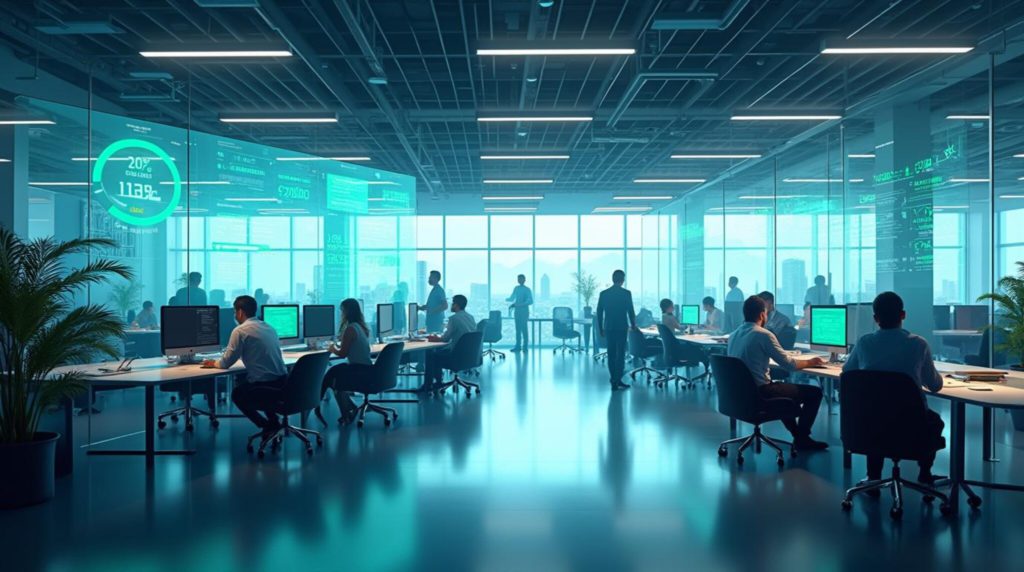 Escritório compartilhado moderno com profissionais colaborando em ambiente tecnológico e sustentável, representando as tendências do futuro do trabalho