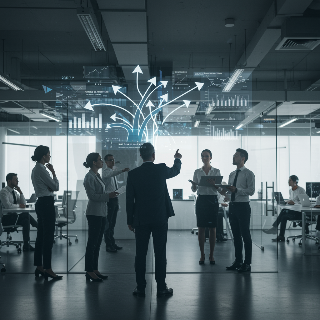 Gestores analisando dados e gráficos em um escritório contemporâneo, com linhas e setas apontando em direções diferentes, simbolizando a perda de clareza estratégica e a busca por um novo rumo no futuro do trabalho.