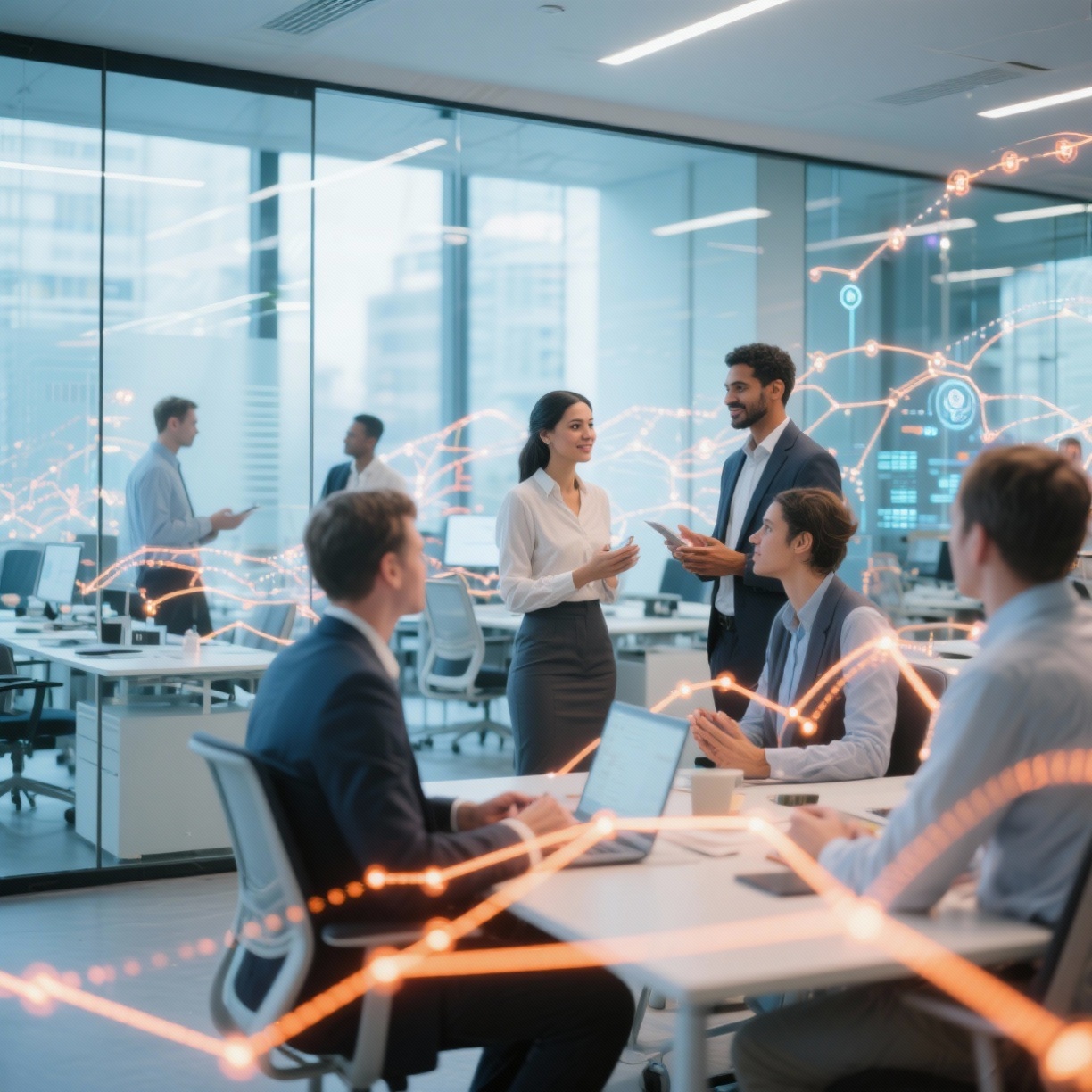 Profissionais colaborando em um escritório moderno e iluminado, conectados por linhas luminosas que simbolizam relações humanas e tecnologia, representando o conceito de Return on Connection — o valor das conexões no ambiente de trabalho.