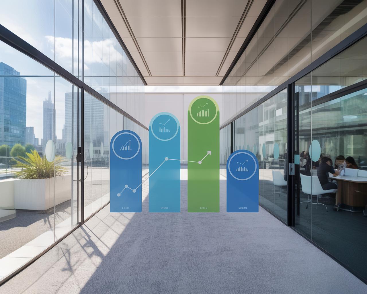 Asset Light: Transformação de escritórios tradicionais para espaços flexíveis, mostrando redução de CAPEX e ambiente corporativo moderno com gráficos de economia