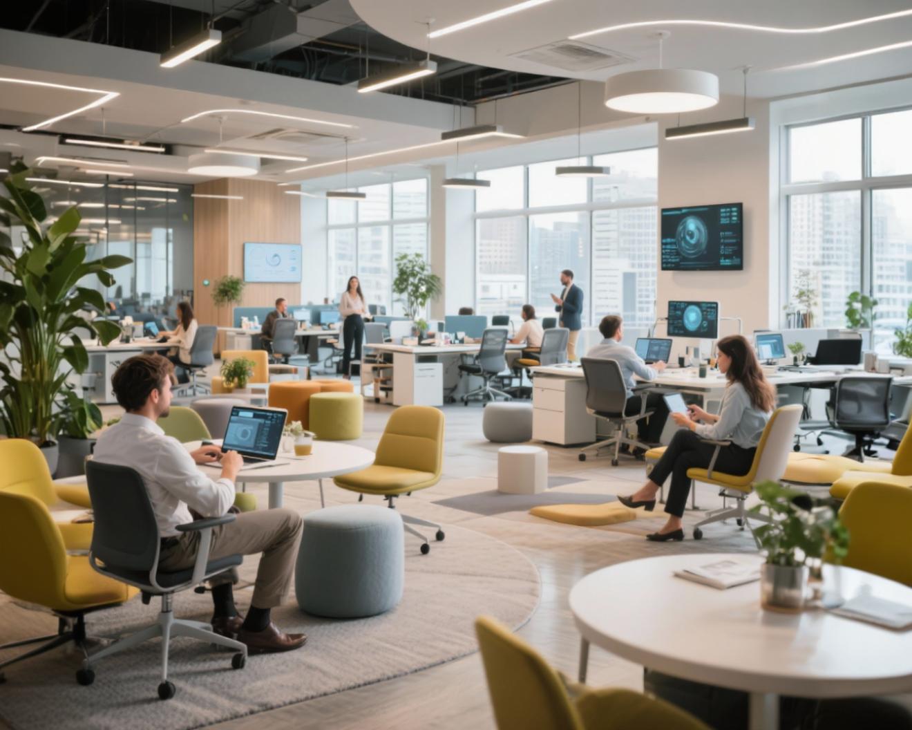 Escritório híbrido moderno com espaços flexíveis, tecnologia de ponta e profissionais conectados em ambiente corporativo inovador, representando a transformação do trabalho em 2025