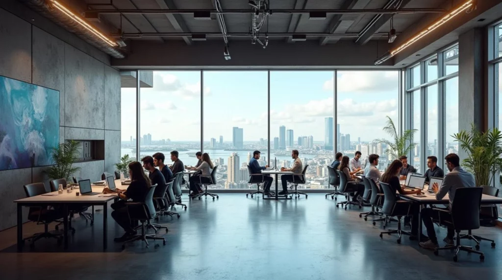 Coworking em Porto Alegre com espaço moderno da Woba, profissionais trabalhando, skyline da cidade ao fundo e ambiente colaborativo de alta tecnologia